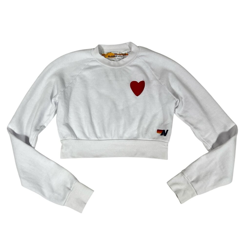 Aviator Nation White Crop Sweatshirt with Red Heart
